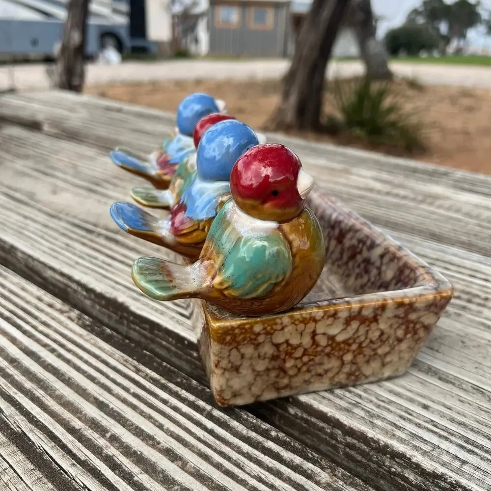 Vintage Hand Painted Ceramic Bird Tray Rustic Pottery Catchall Farmhouse Dish